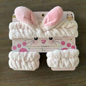 3 Piece Spa Headband & Wrist Wash Band Bunny Ears Light Pink Beauty Concepts
